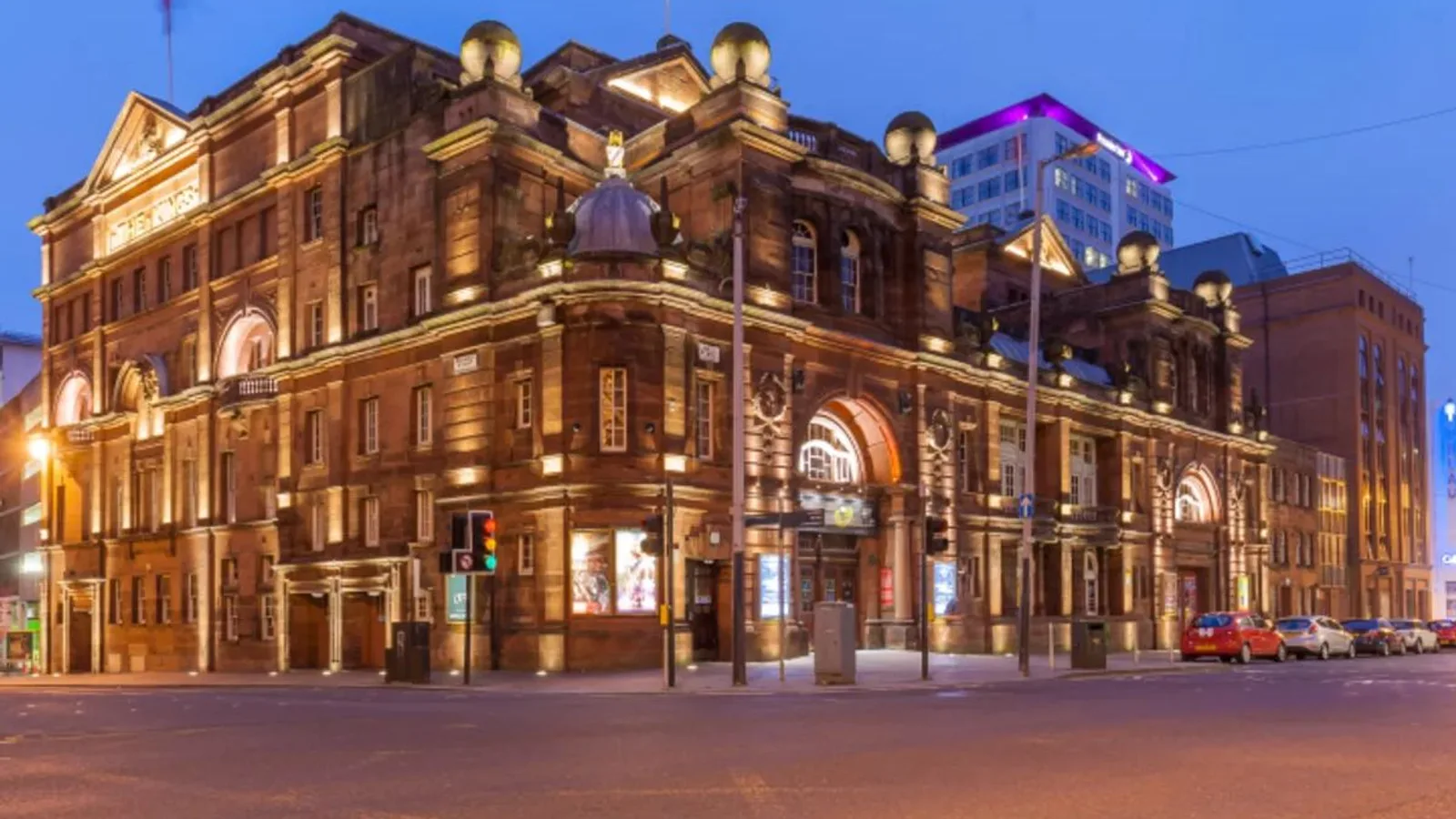 The King's Theatre, Glasgow, lit at dusk — 40 metres from Royâ on Elmbank Street